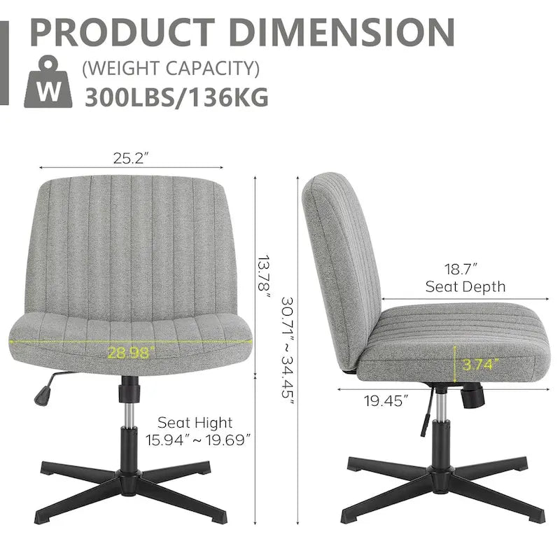 Chaise de bureau pivotante sans accoudoirs avec pieds croisés, hauteur réglable et roulettes