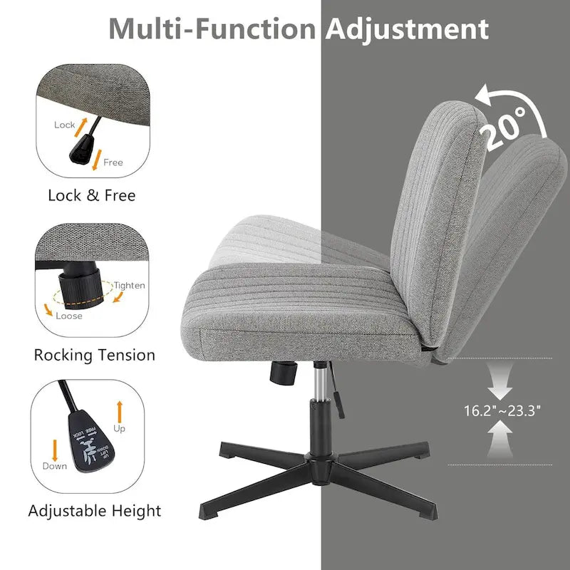 Chaise de bureau pivotante sans accoudoirs avec pieds croisés, hauteur réglable et roulettes
