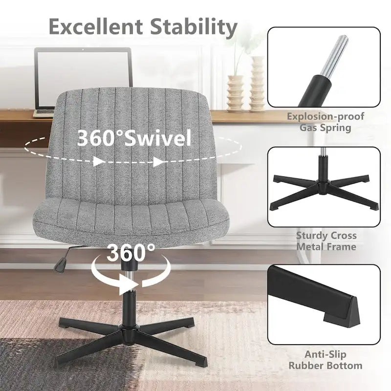 Chaise de bureau pivotante sans accoudoirs avec pieds croisés, hauteur réglable et roulettes