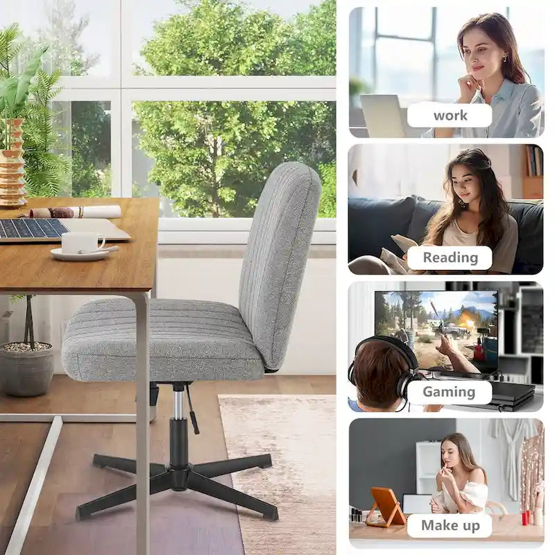 Chaise de bureau pivotante sans accoudoirs avec pieds croisés, hauteur réglable et roulettes
