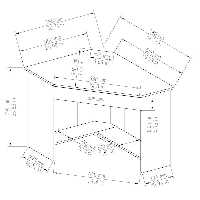 Bureau d'angle et coiffeuse brillants avec tiroir rabattable