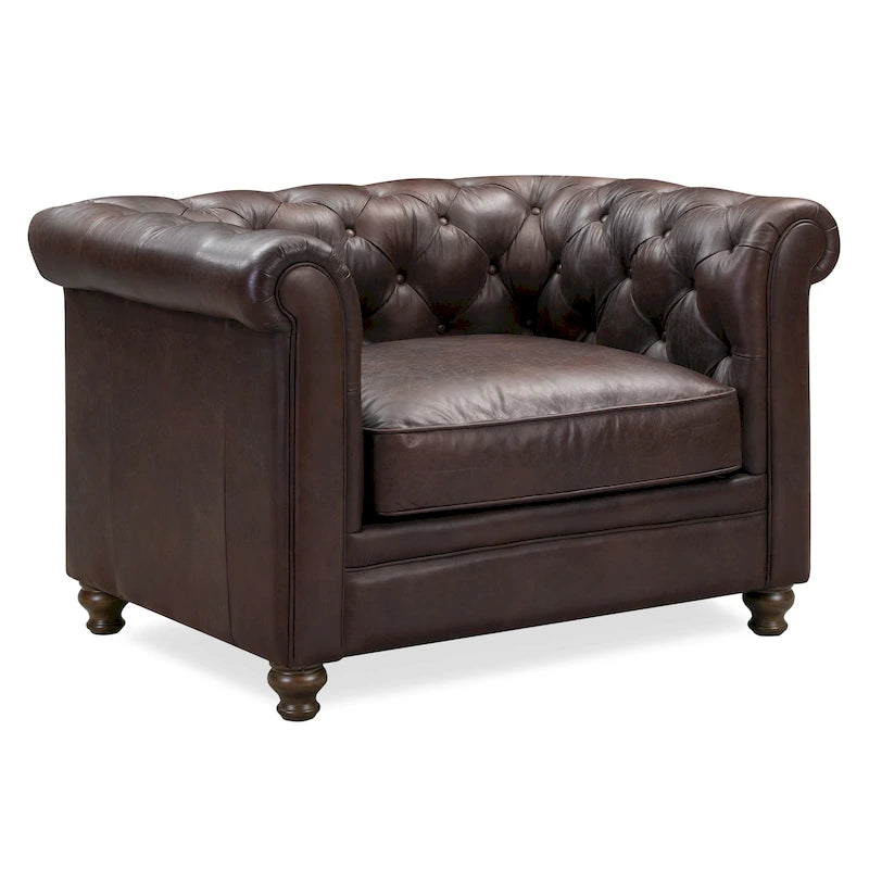 Fauteuil de salon en cuir pleine fleur, style Chesterfield, avec capitonnage en losanges