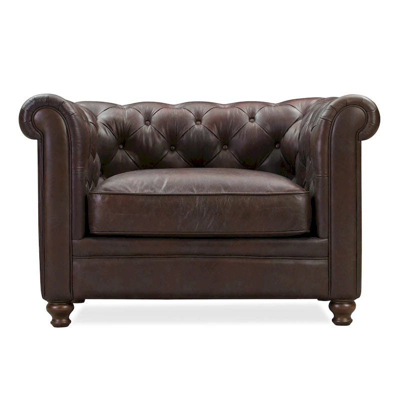 Fauteuil de salon en cuir pleine fleur, style Chesterfield, avec capitonnage en losanges