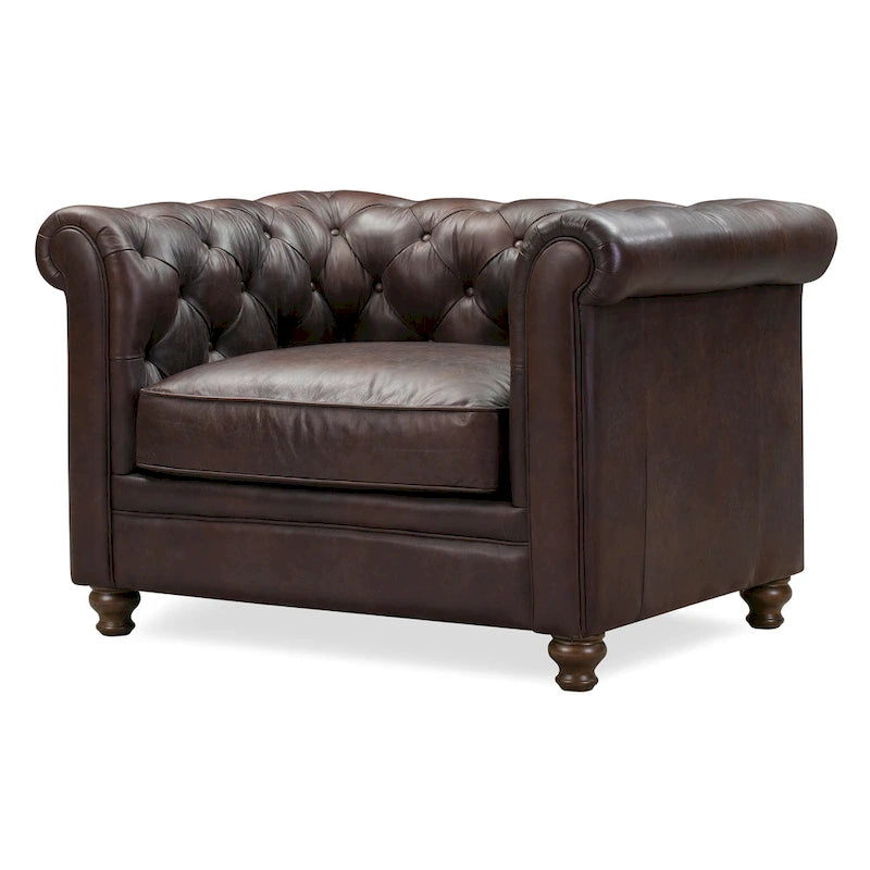 Fauteuil de salon en cuir pleine fleur, style Chesterfield, avec capitonnage en losanges