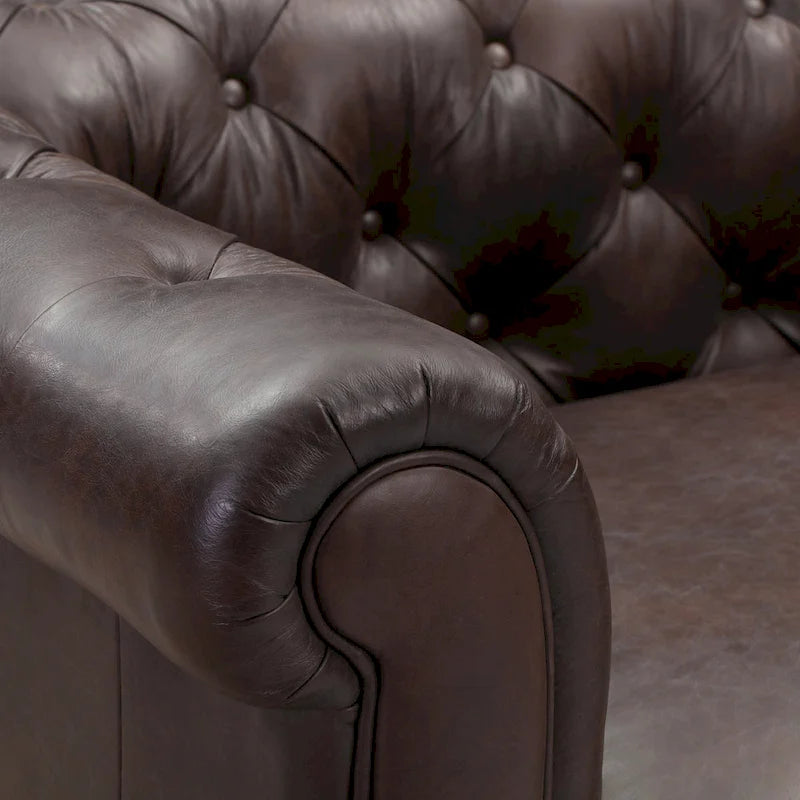 Fauteuil de salon en cuir pleine fleur, style Chesterfield, avec capitonnage en losanges