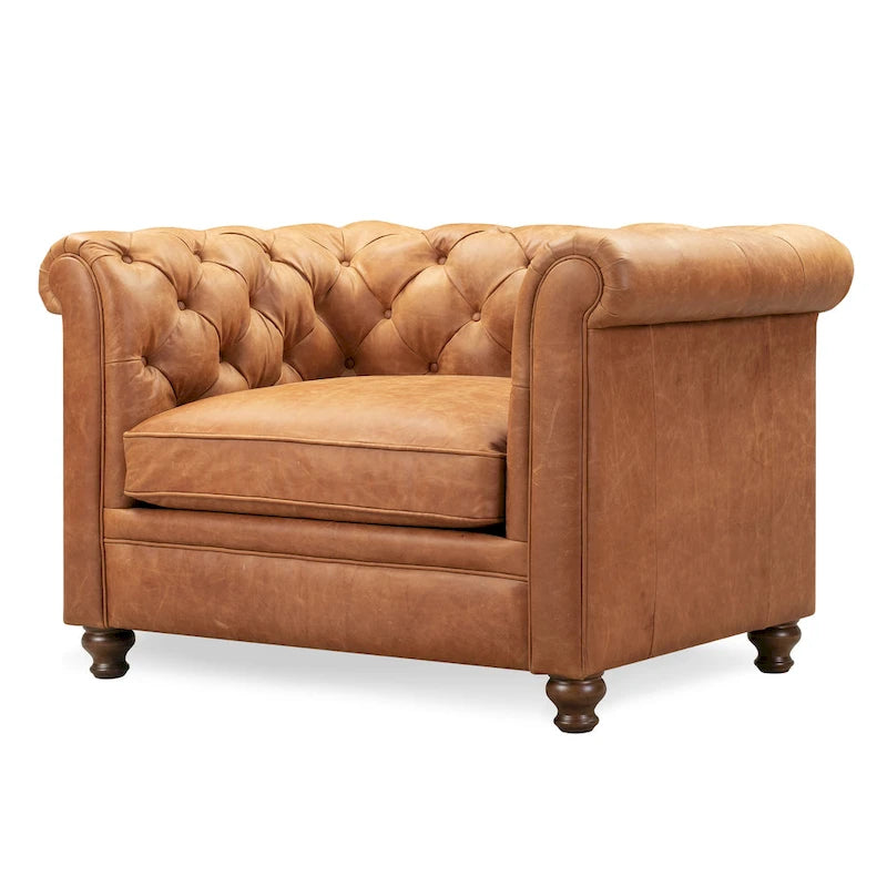Fauteuil de salon en cuir pleine fleur, style Chesterfield, avec capitonnage en losanges