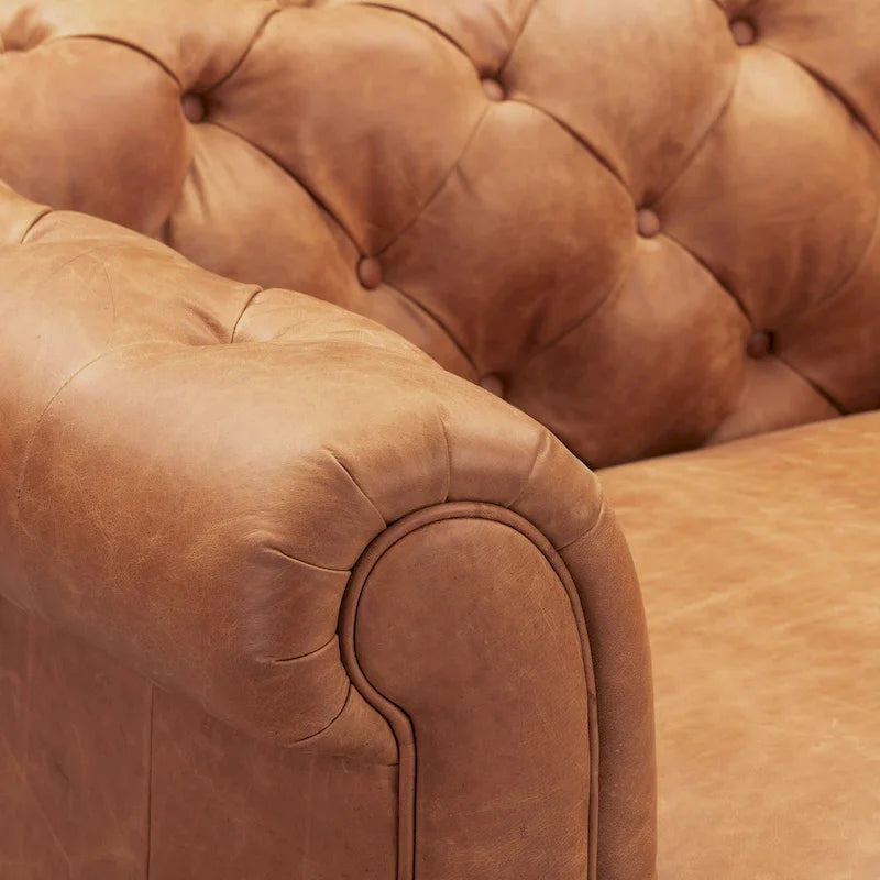 Fauteuil de salon en cuir pleine fleur, style Chesterfield, avec capitonnage en losanges