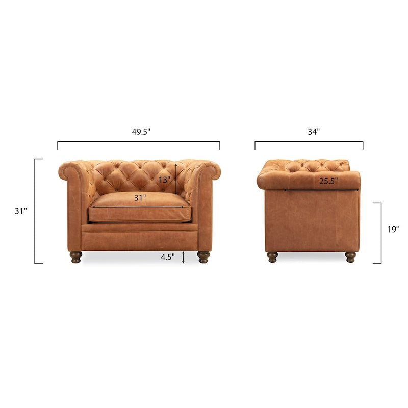 Fauteuil de salon en cuir pleine fleur, style Chesterfield, avec capitonnage en losanges
