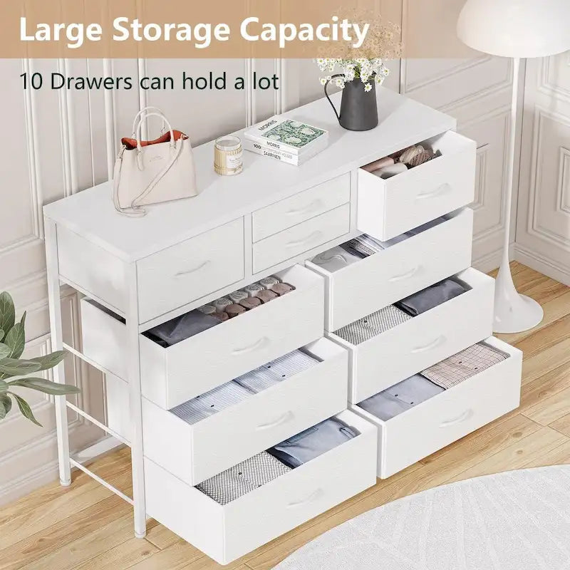 Commode de rangement en tissu à 10 tiroirs avec cadre en acier et plateau en bois imperméable
