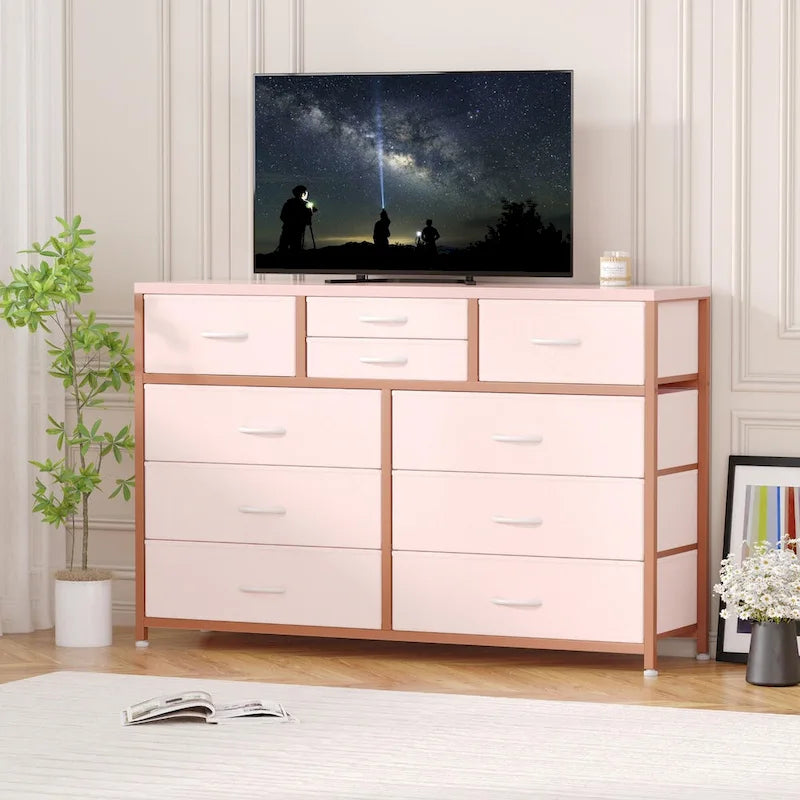 Commode de rangement en tissu à 10 tiroirs avec cadre en acier et plateau en bois imperméable