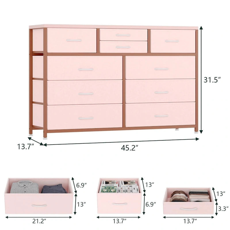 Commode de rangement en tissu à 10 tiroirs avec cadre en acier et plateau en bois imperméable