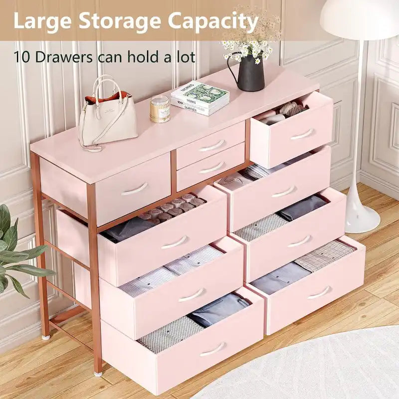 Commode de rangement en tissu à 10 tiroirs avec cadre en acier et plateau en bois imperméable