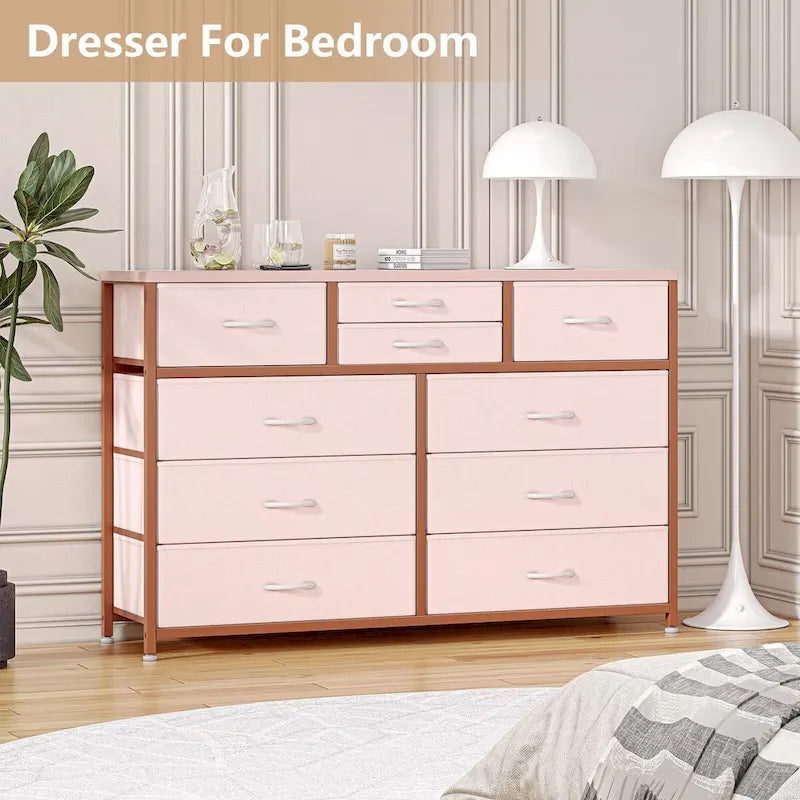 Commode de rangement en tissu à 10 tiroirs avec cadre en acier et plateau en bois imperméable