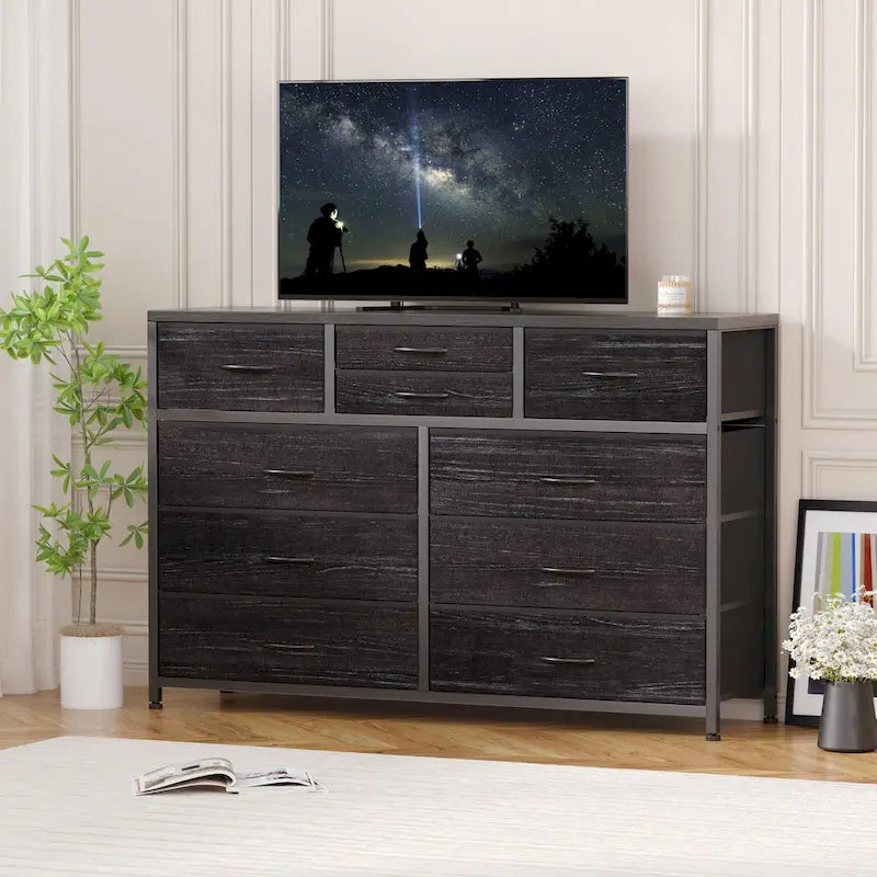 Commode de rangement en tissu à 10 tiroirs avec cadre en acier et plateau en bois imperméable