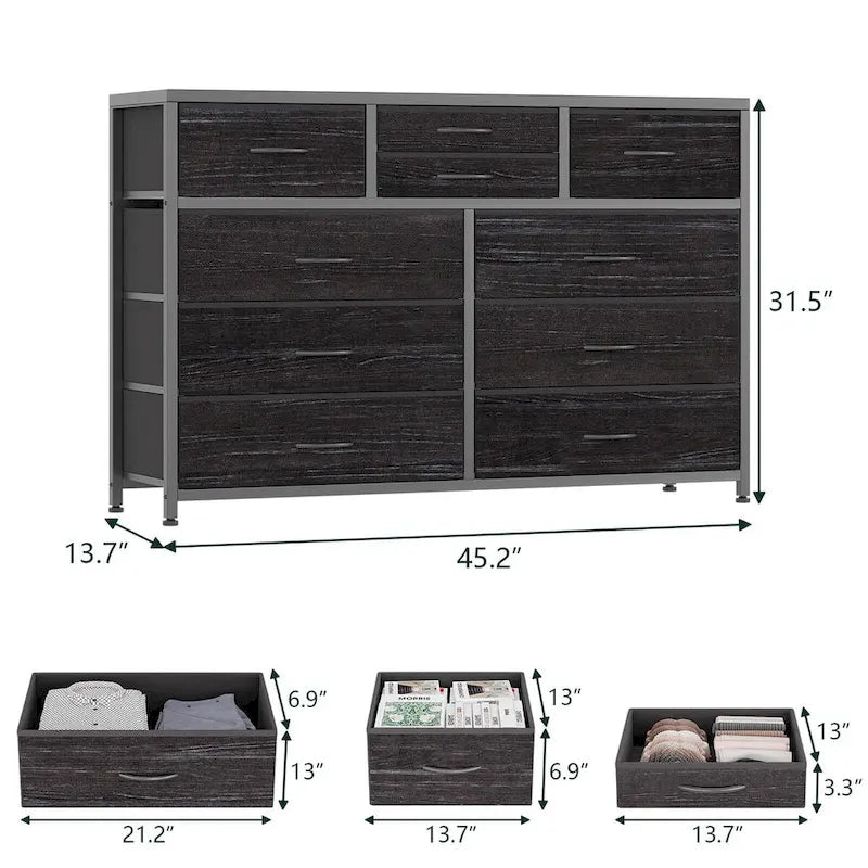 Commode de rangement en tissu à 10 tiroirs avec cadre en acier et plateau en bois imperméable