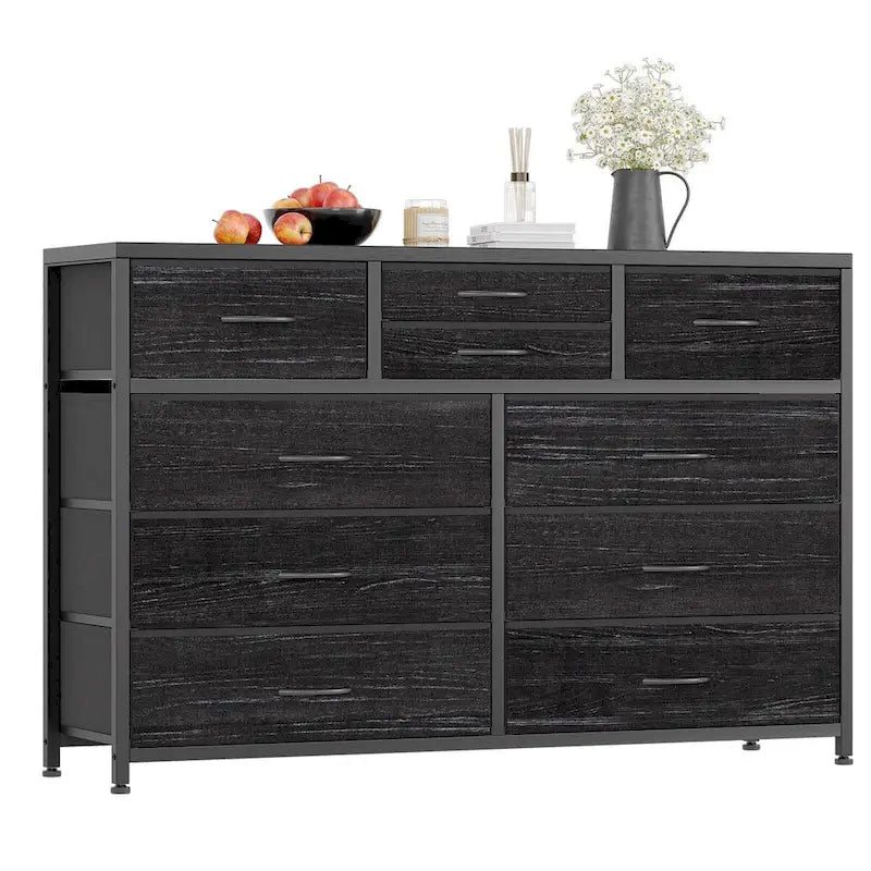 Commode de rangement en tissu à 10 tiroirs avec cadre en acier et plateau en bois imperméable