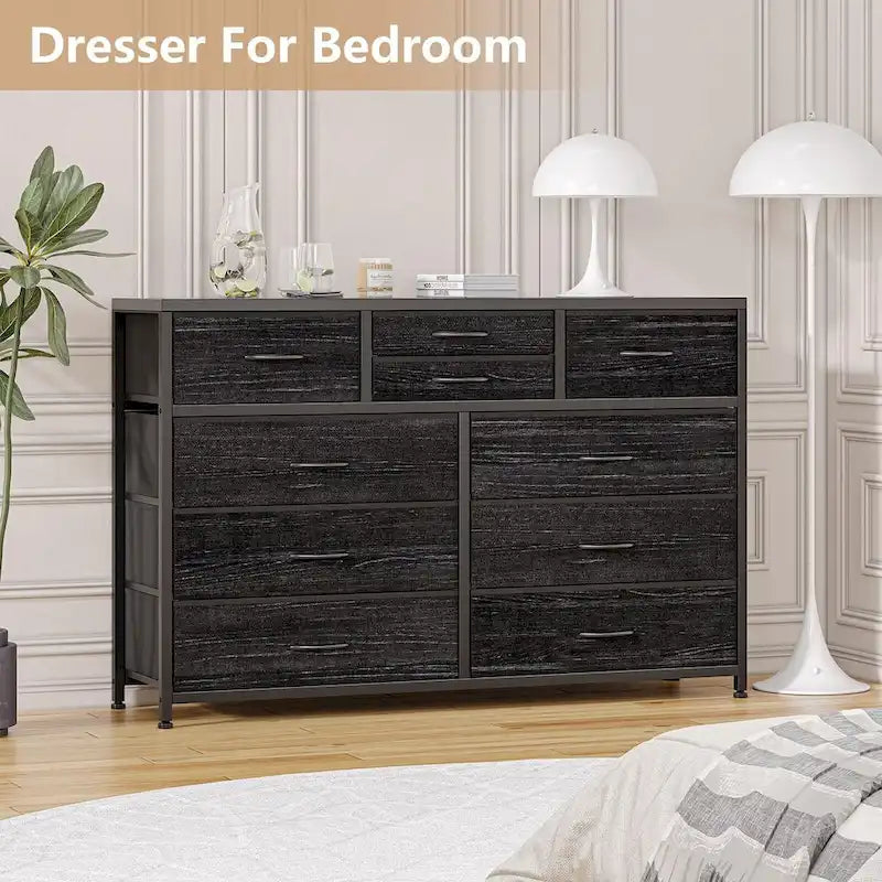 Commode de rangement en tissu à 10 tiroirs avec cadre en acier et plateau en bois imperméable