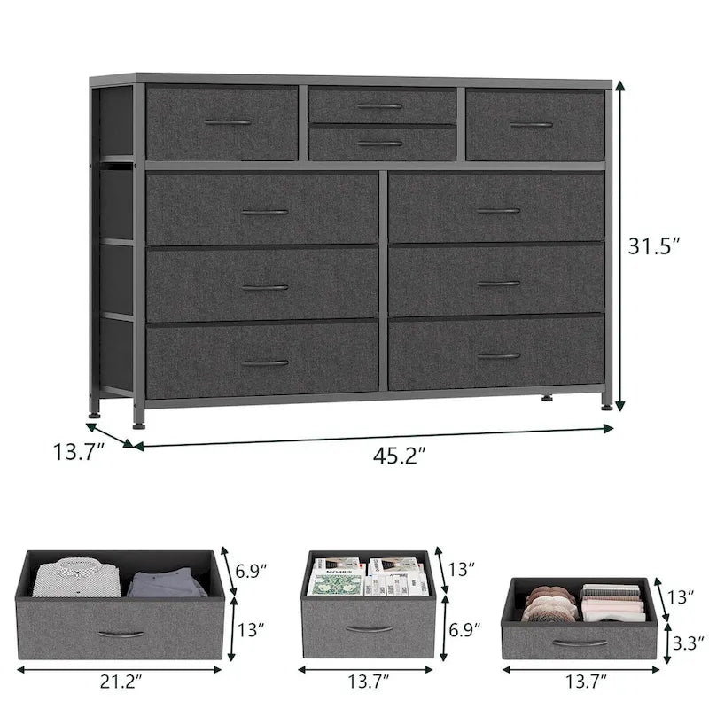 Commode de rangement en tissu à 10 tiroirs avec cadre en acier et plateau en bois imperméable
