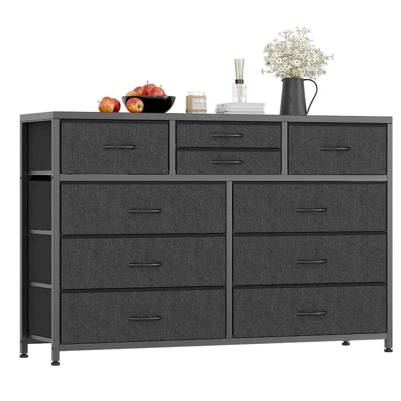 Commode de rangement en tissu à 10 tiroirs avec cadre en acier et plateau en bois imperméable