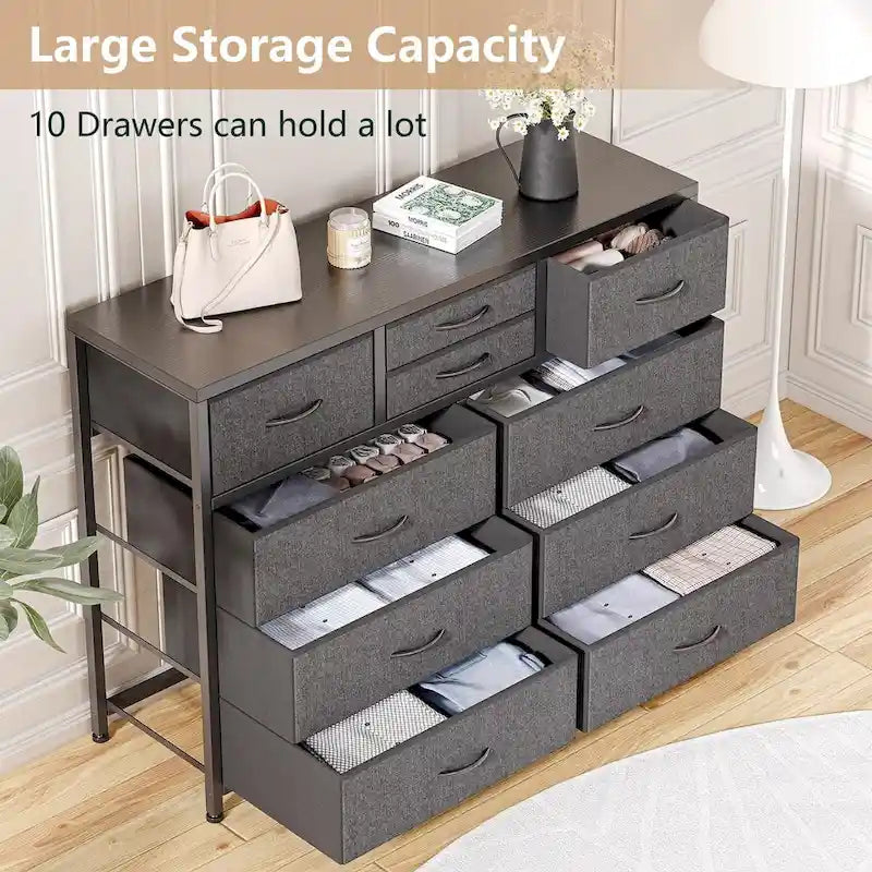 Commode de rangement en tissu à 10 tiroirs avec cadre en acier et plateau en bois imperméable