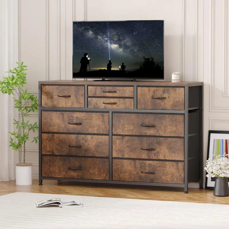 Commode de rangement en tissu à 10 tiroirs avec cadre en acier et plateau en bois imperméable