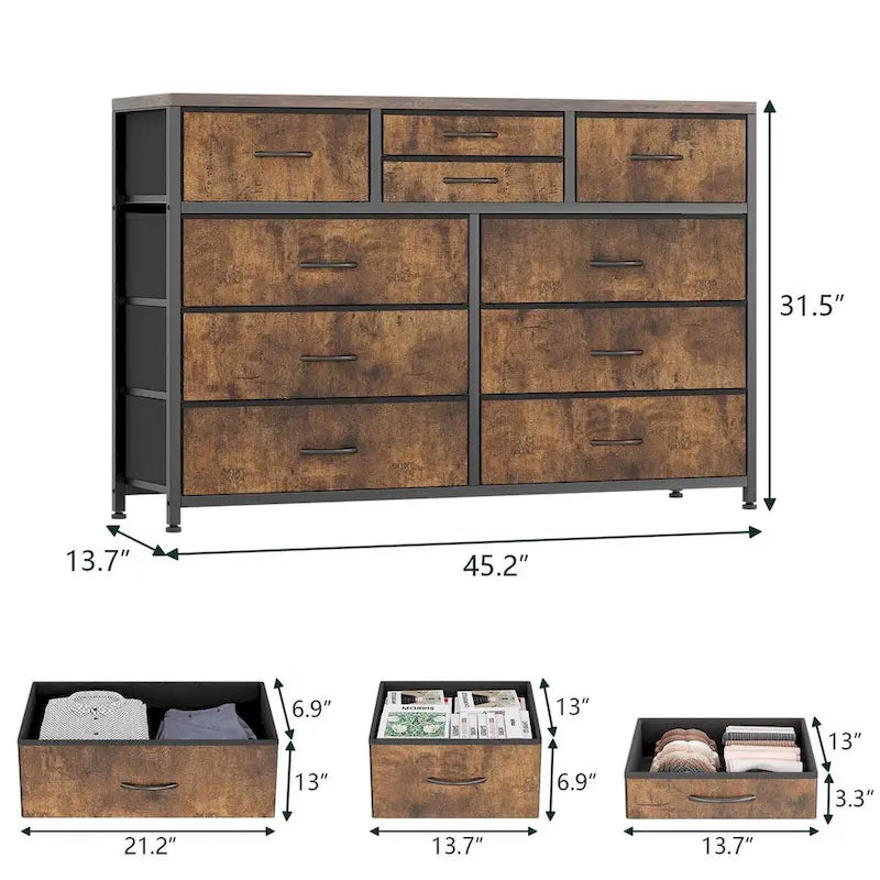 Commode de rangement en tissu à 10 tiroirs avec cadre en acier et plateau en bois imperméable