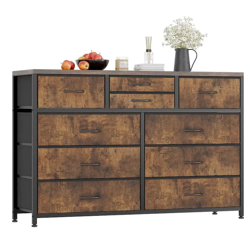 Commode de rangement en tissu à 10 tiroirs avec cadre en acier et plateau en bois imperméable