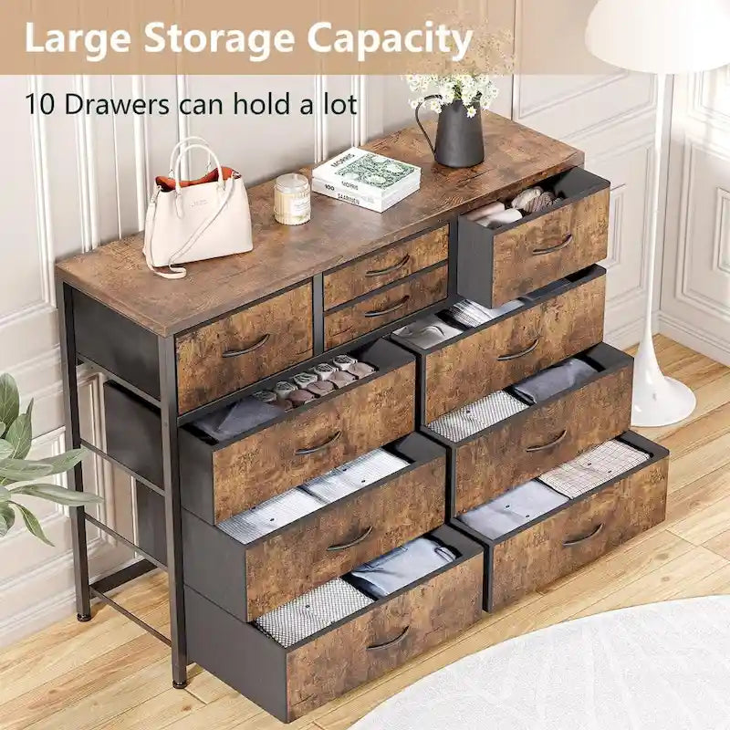 Commode de rangement en tissu à 10 tiroirs avec cadre en acier et plateau en bois imperméable