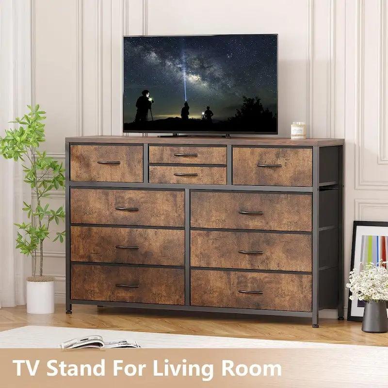 Commode de rangement en tissu à 10 tiroirs avec cadre en acier et plateau en bois imperméable