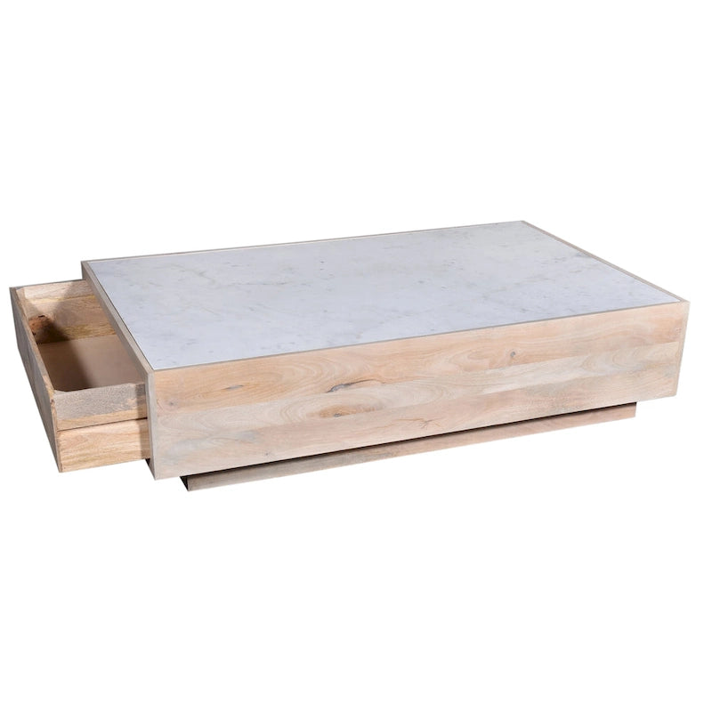Table basse de rangement de 150 cm en manguier et plateau en marbre