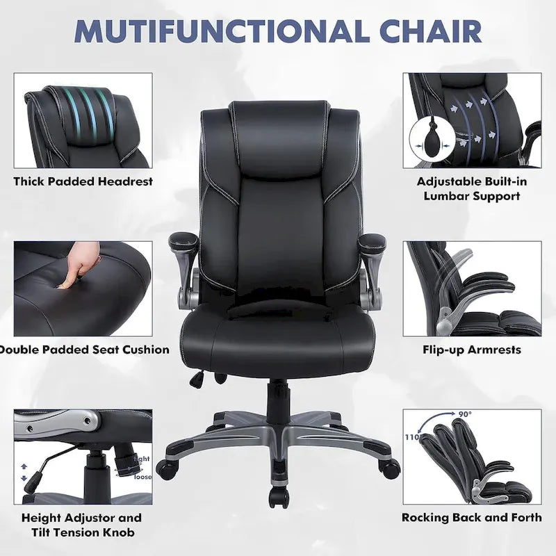 Fauteuil de bureau de direction à dossier haut avec accoudoirs rembourrés relevables et inclinaison réglable verrouillable