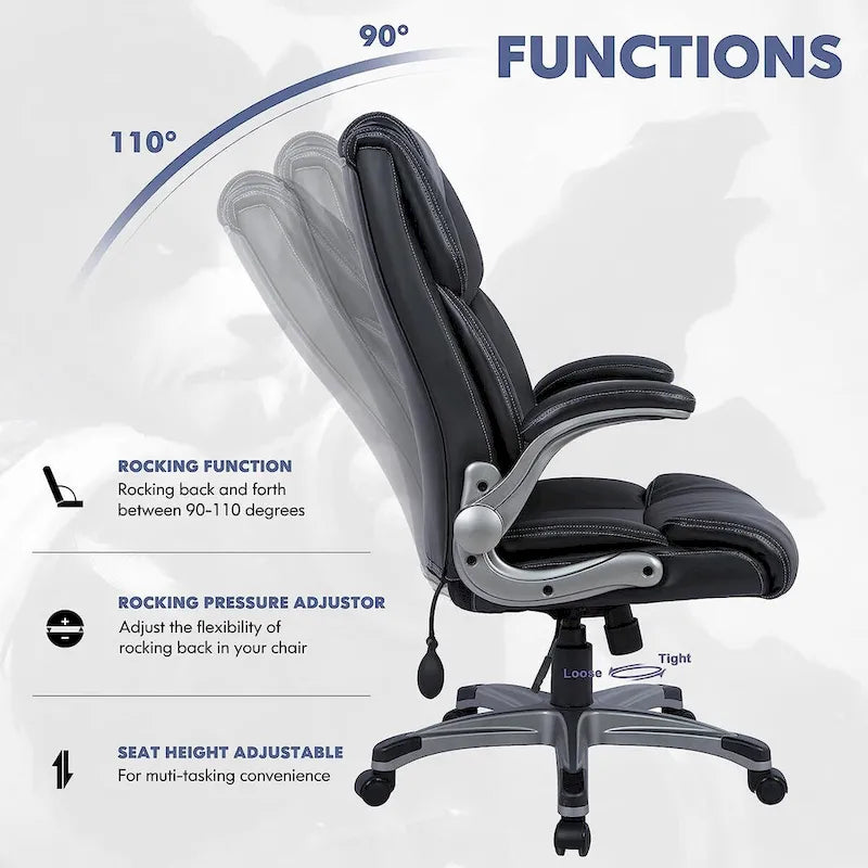 Fauteuil de bureau de direction à dossier haut avec accoudoirs rembourrés relevables et inclinaison réglable verrouillable