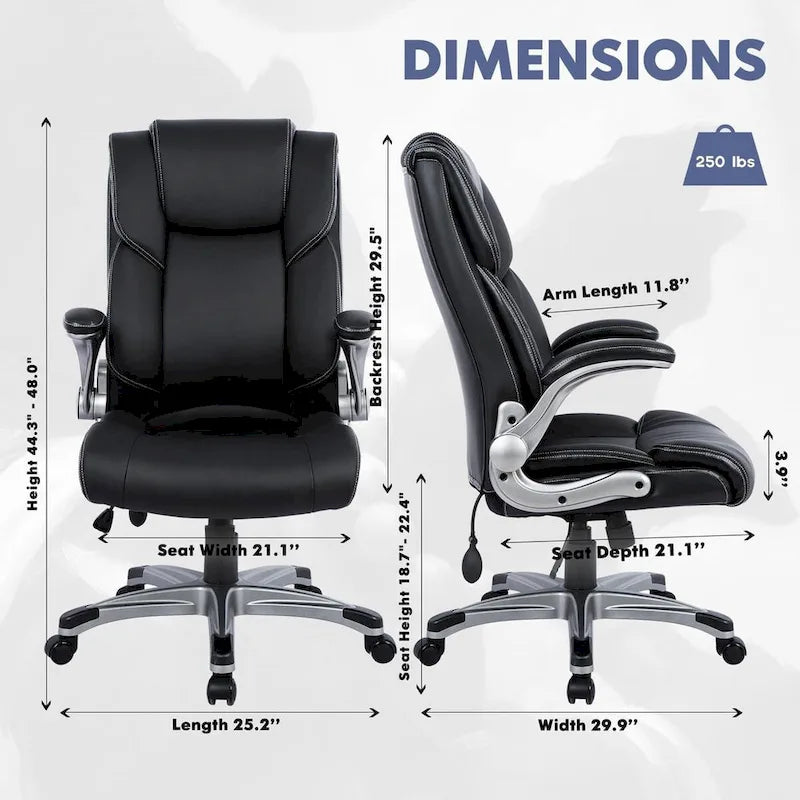 Fauteuil de bureau de direction à dossier haut avec accoudoirs rembourrés relevables et inclinaison réglable verrouillable