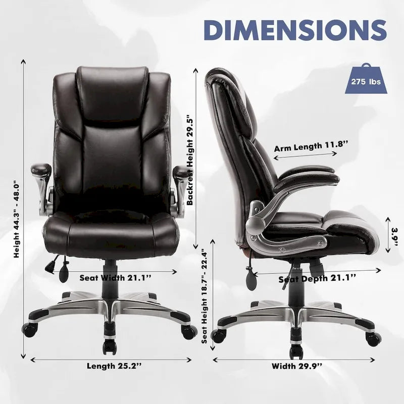 Fauteuil de bureau de direction à dossier haut avec accoudoirs rembourrés relevables et inclinaison réglable verrouillable