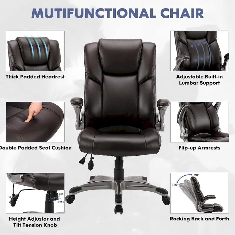 Fauteuil de bureau de direction à dossier haut avec accoudoirs rembourrés relevables et inclinaison réglable verrouillable