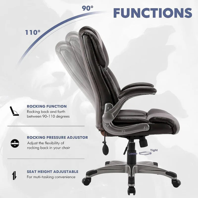Fauteuil de bureau de direction à dossier haut avec accoudoirs rembourrés relevables et inclinaison réglable verrouillable