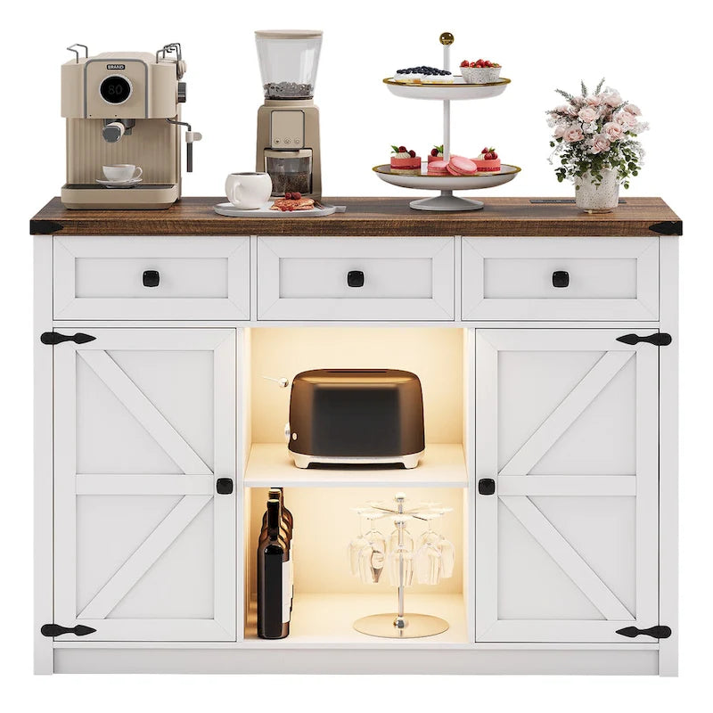 Buffet de ferme avec éclairage LED, prises USB-C et CA, tiroirs et rangements — 119 cm