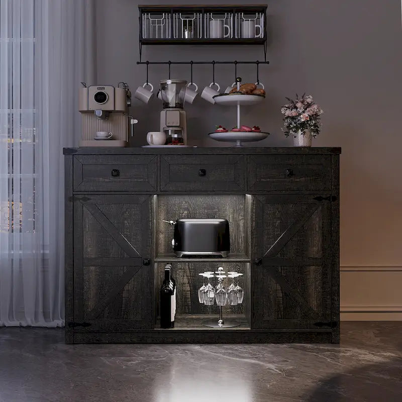 Buffet de ferme avec éclairage LED, prises USB-C et CA, tiroirs et rangements — 119 cm