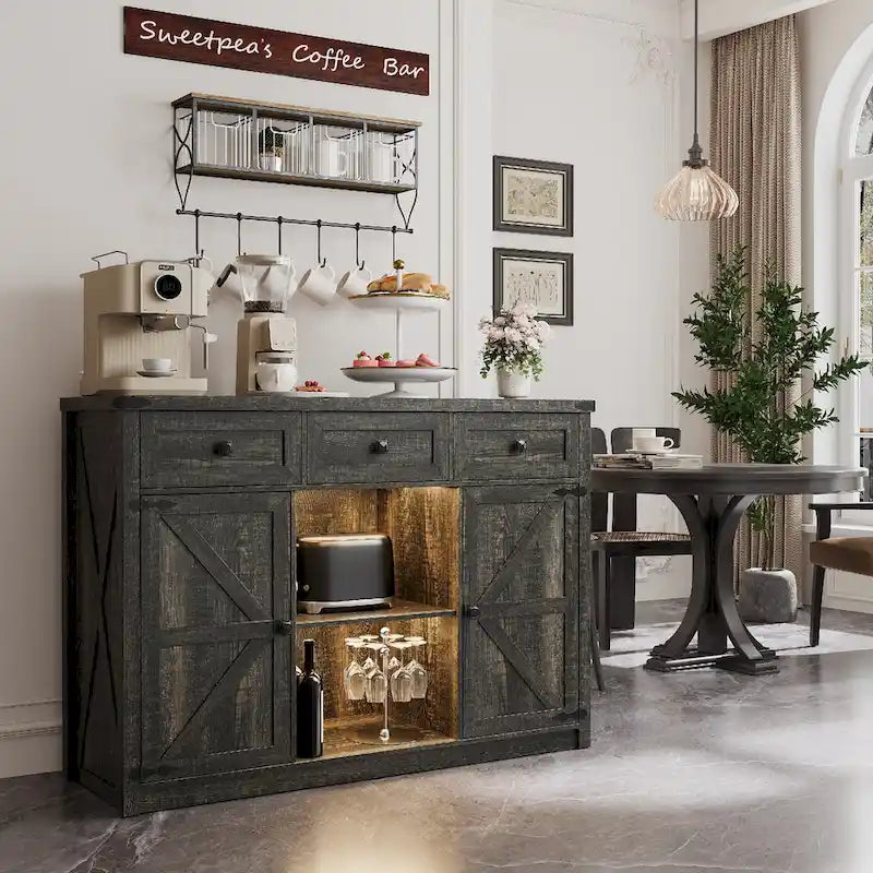 Buffet de ferme avec éclairage LED, prises USB-C et CA, tiroirs et rangements — 119 cm