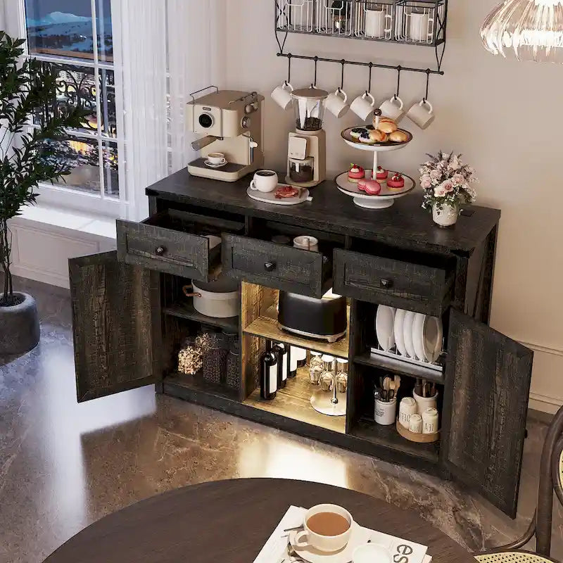 Buffet de ferme avec éclairage LED, prises USB-C et CA, tiroirs et rangements — 119 cm