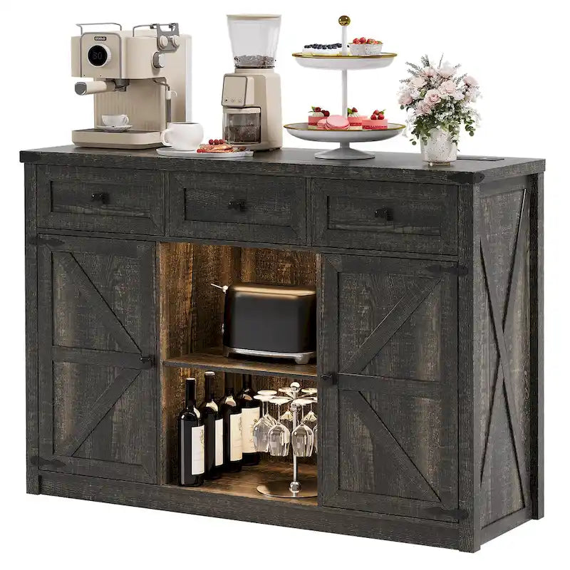Buffet de ferme avec éclairage LED, prises USB-C et CA, tiroirs et rangements — 119 cm