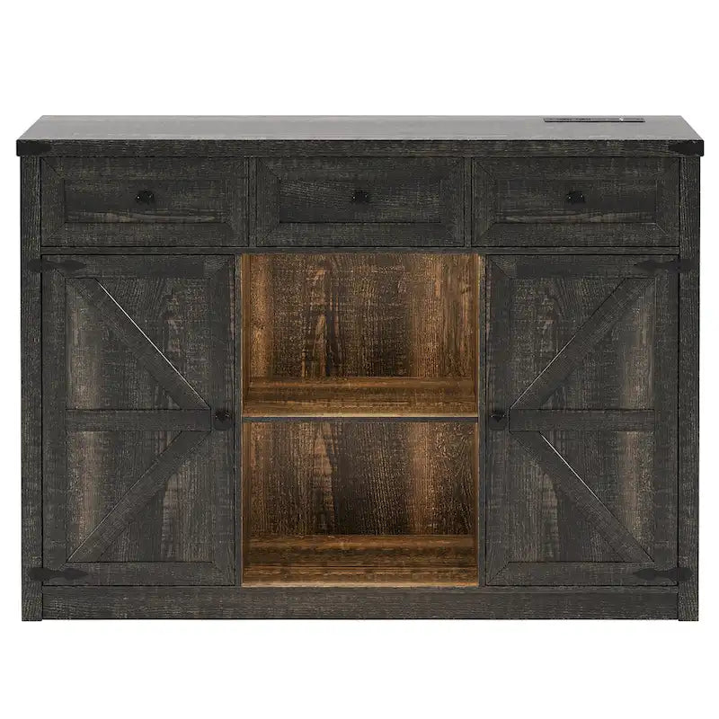 Buffet de ferme avec éclairage LED, prises USB-C et CA, tiroirs et rangements — 119 cm