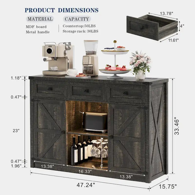 Buffet de ferme avec éclairage LED, prises USB-C et CA, tiroirs et rangements — 119 cm