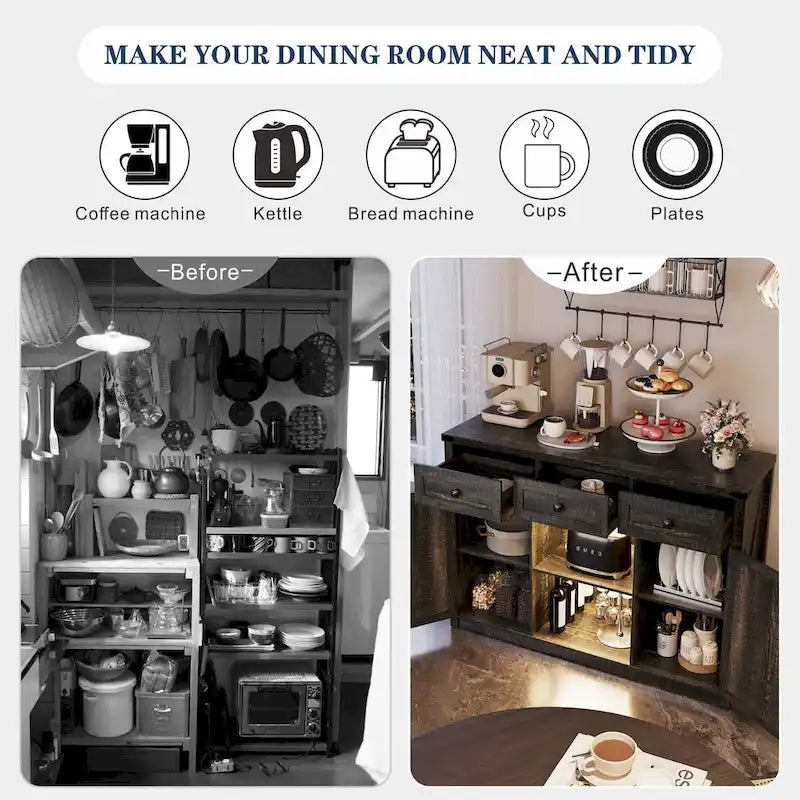 Buffet de ferme avec éclairage LED, prises USB-C et CA, tiroirs et rangements — 119 cm