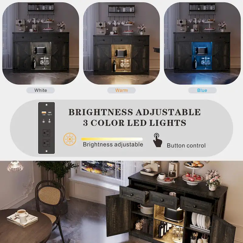 Buffet de ferme avec éclairage LED, prises USB-C et CA, tiroirs et rangements — 119 cm