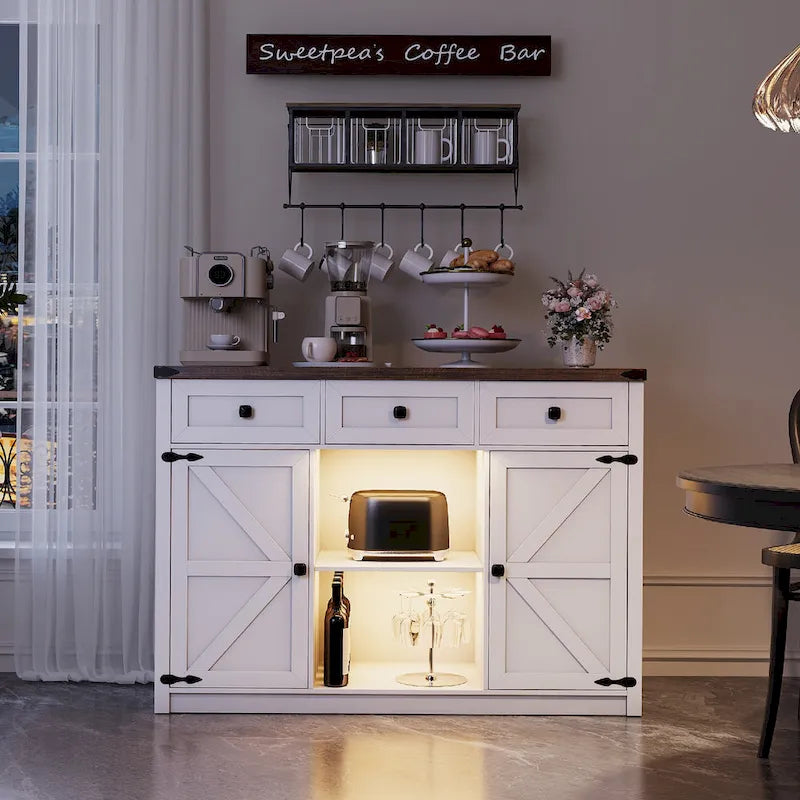 Buffet de ferme avec éclairage LED, prises USB-C et CA, tiroirs et rangements — 119 cm
