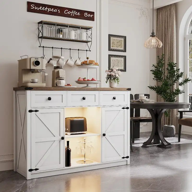 Buffet de ferme avec éclairage LED, prises USB-C et CA, tiroirs et rangements — 119 cm