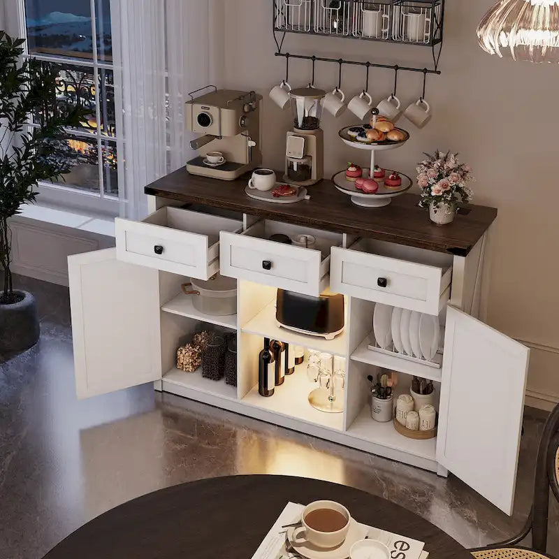 Buffet de ferme avec éclairage LED, prises USB-C et CA, tiroirs et rangements — 119 cm