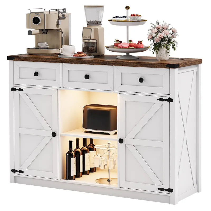 Buffet de ferme avec éclairage LED, prises USB-C et CA, tiroirs et rangements — 119 cm