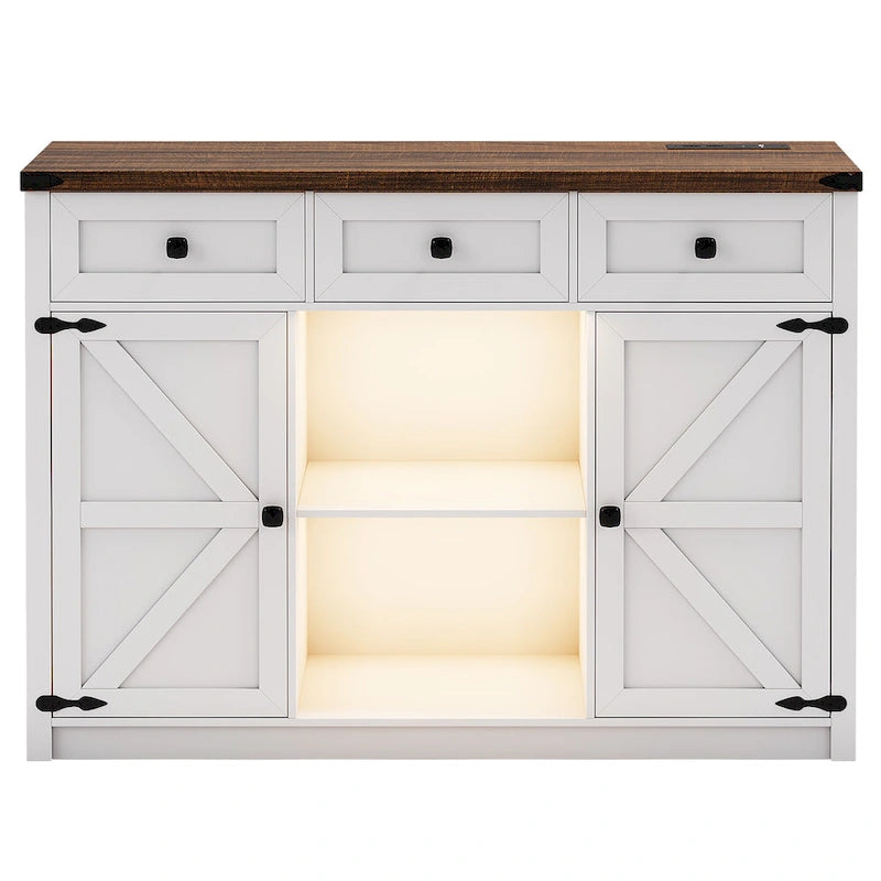 Buffet de ferme avec éclairage LED, prises USB-C et CA, tiroirs et rangements — 119 cm